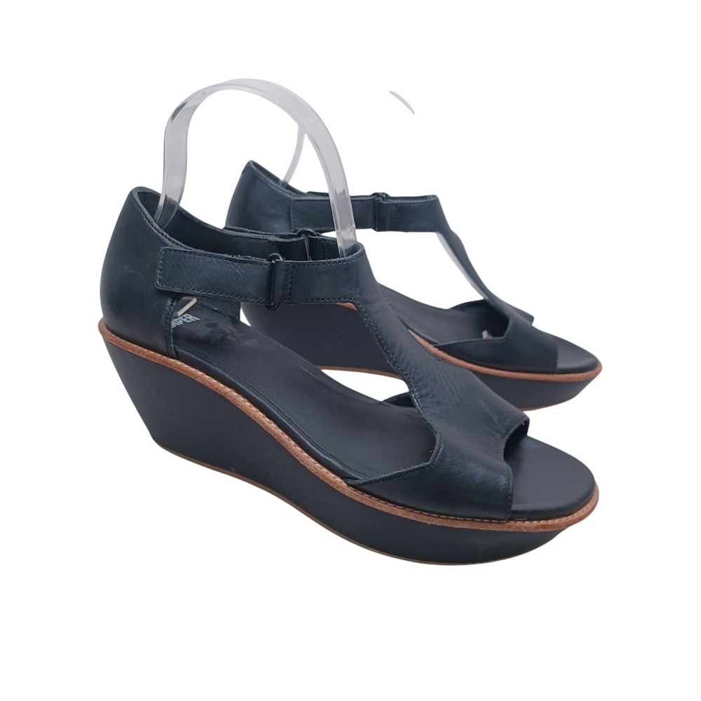 Camper Misia Black Leather T-Strap Platform Wedge Sandals Womens 39 US 8